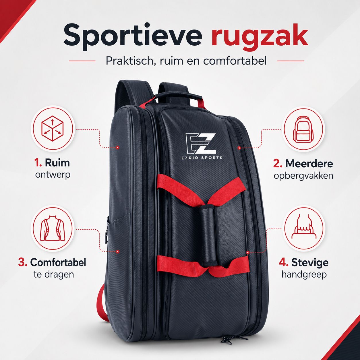 EZRIO SPORTS Padeltas Zwart Rood Pro — 40L | Koelvakken | Waterdicht PU Leer