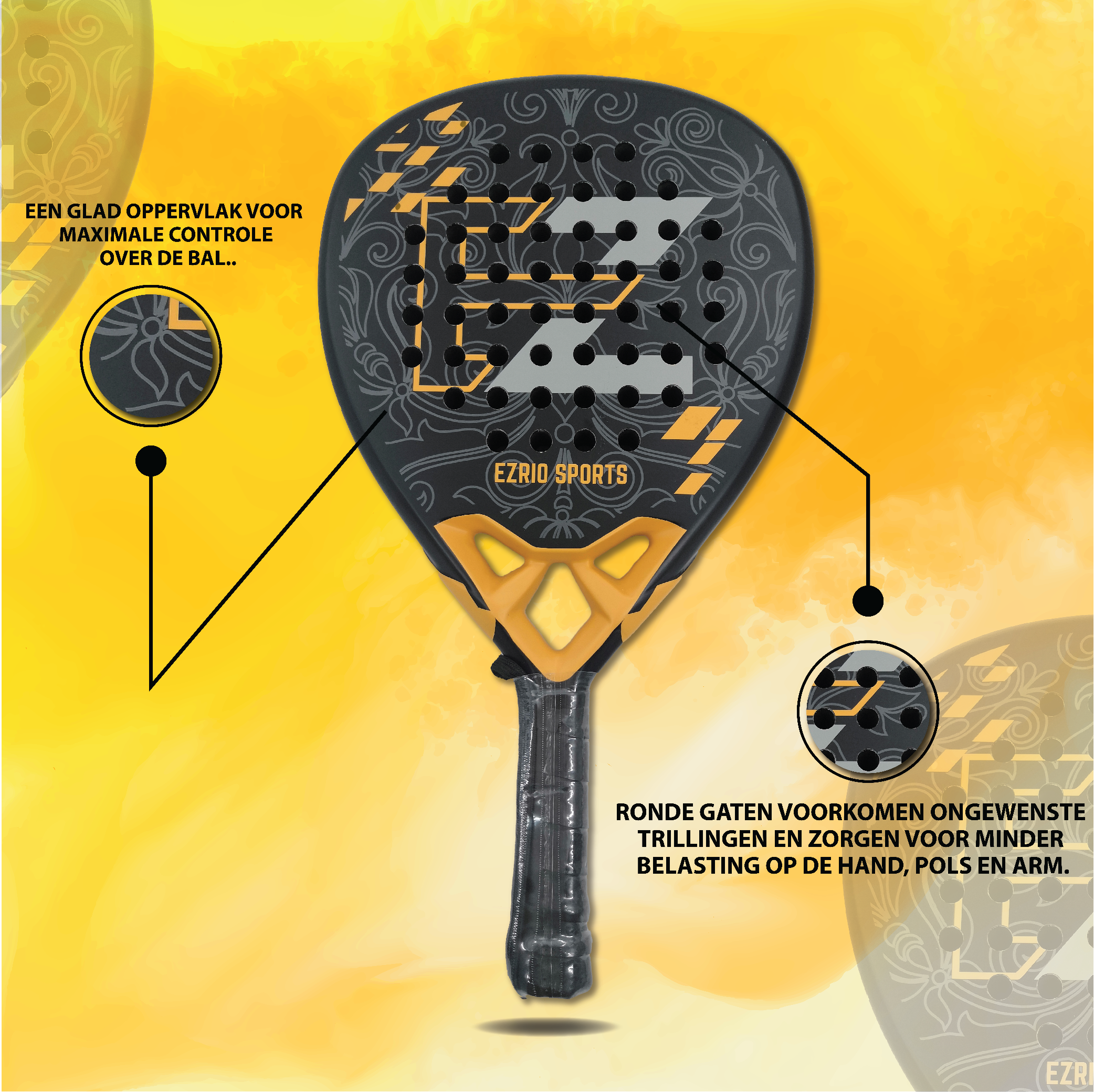 EZRIO SPORTS Diamant Pro Padelracket Zwart Geel — 24K Carbon & Kevlar | 3D Sand | Aanvallend Spel
