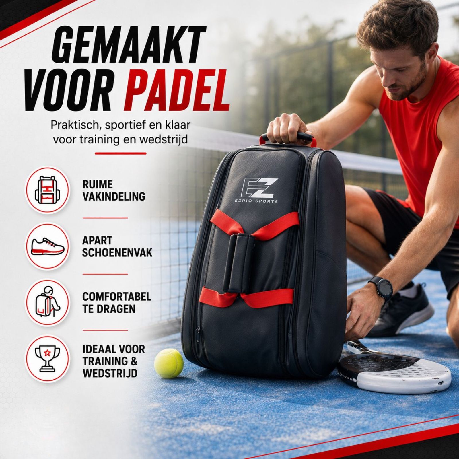 EZRIO SPORTS Padeltas Zwart Rood Pro — 40L | Koelvakken | Waterdicht PU Leer