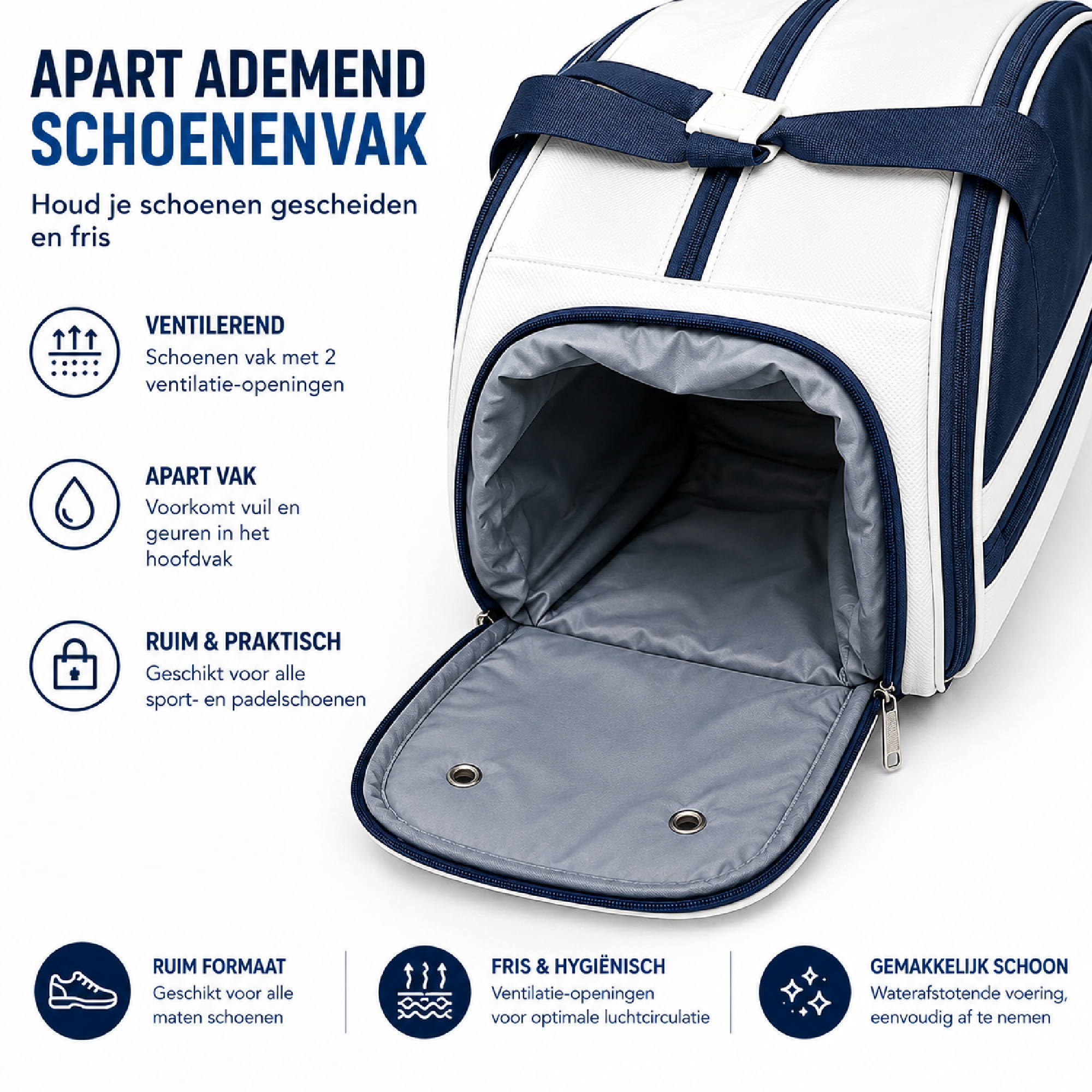 EZRIO SPORTS Padeltas Classic Wit Blauw — 40L | Waterdicht PU Leer | 2 Racketvakken