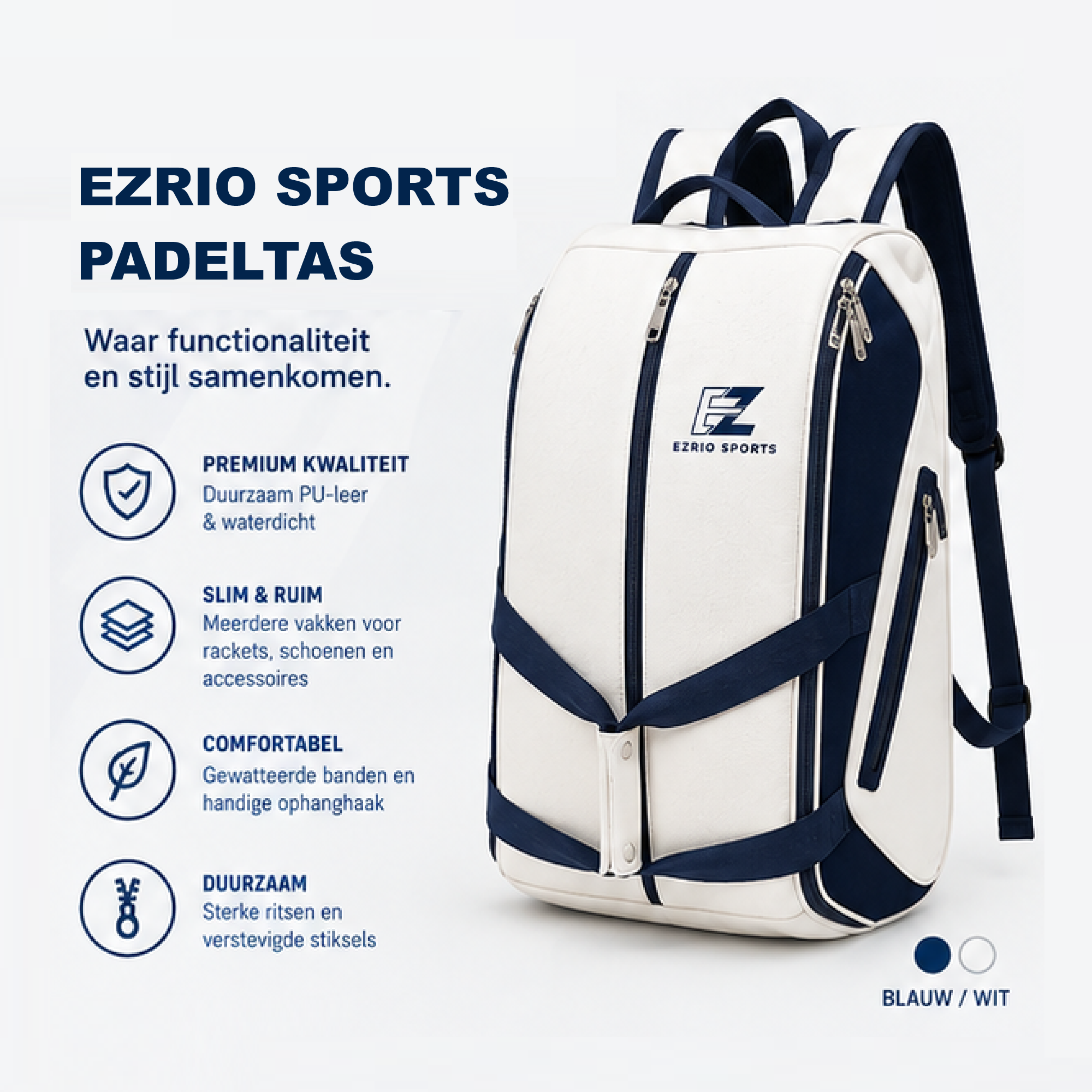 EZRIO SPORTS Padeltas Classic Wit Blauw — 40L | Waterdicht PU Leer | 2 Racketvakken