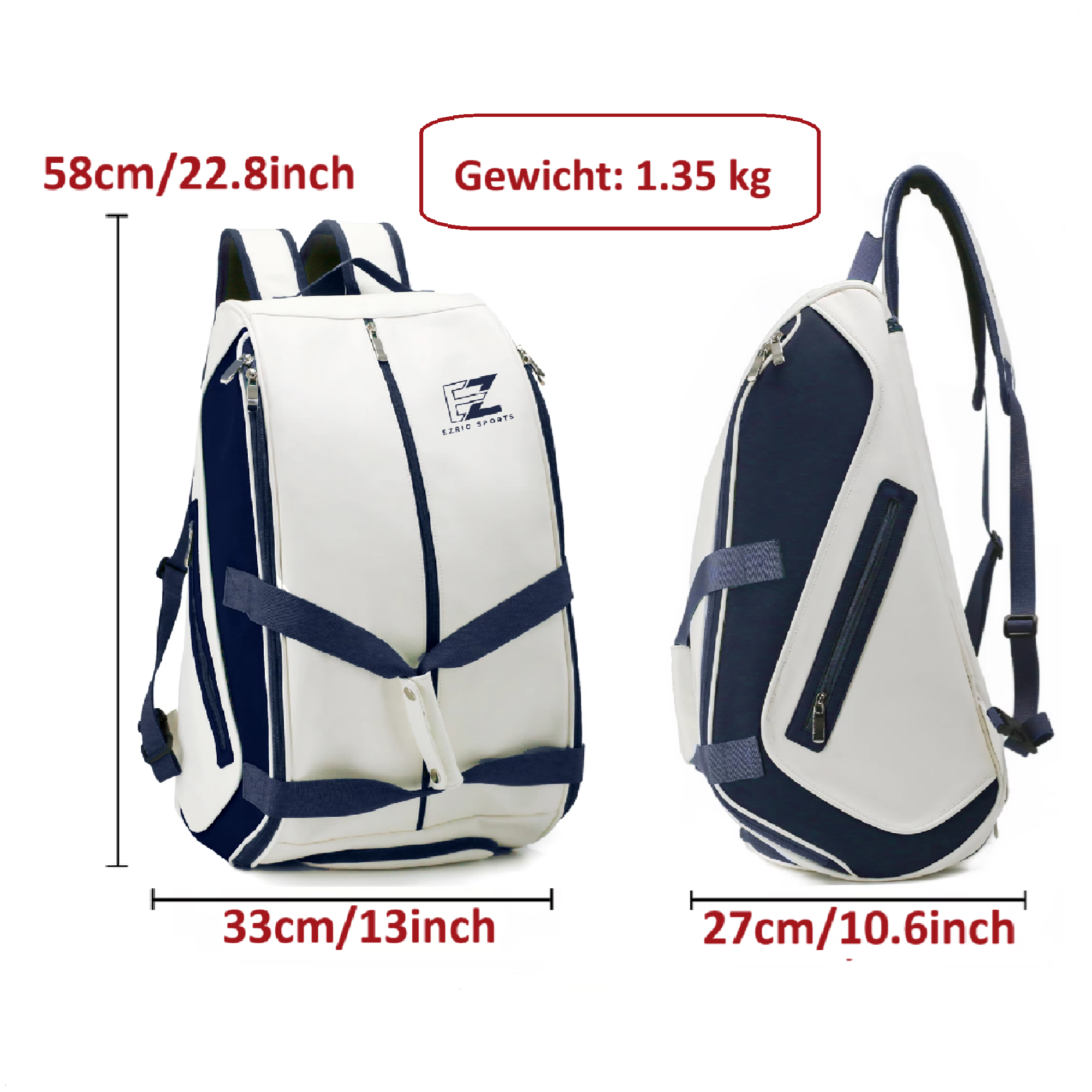 EZRIO SPORTS Padeltas Classic Wit Blauw — 40L | Waterdicht PU Leer | 2 Racketvakken