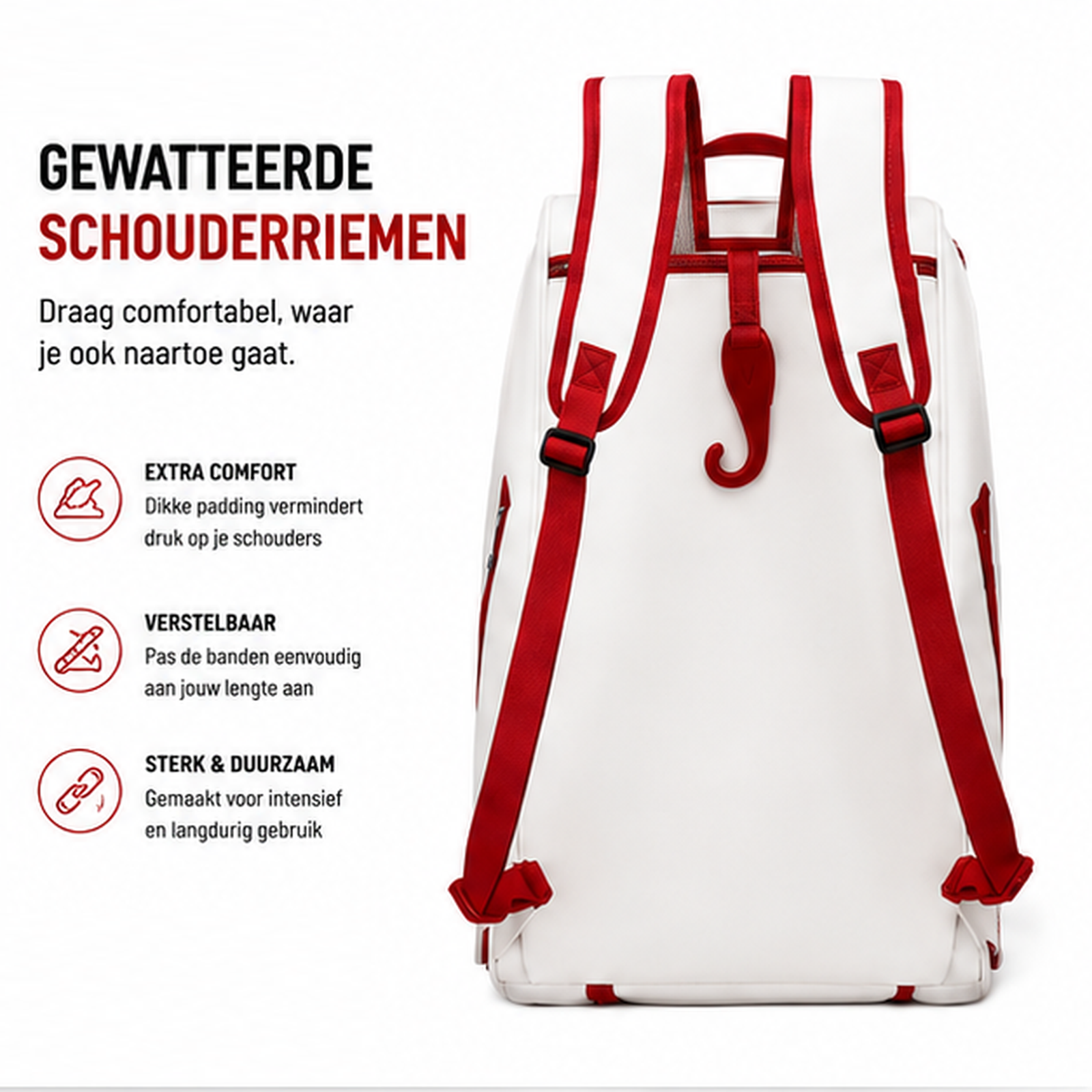 EZRIO SPORTS Padeltas Classic Wit Rood — 40L | Waterdicht PU Leer | 2 Racketvakken