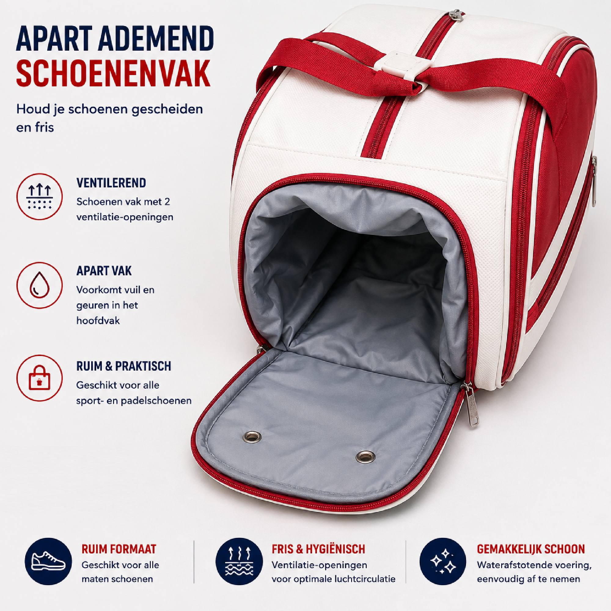 EZRIO SPORTS Padeltas Classic Wit Rood — 40L | Waterdicht PU Leer | 2 Racketvakken