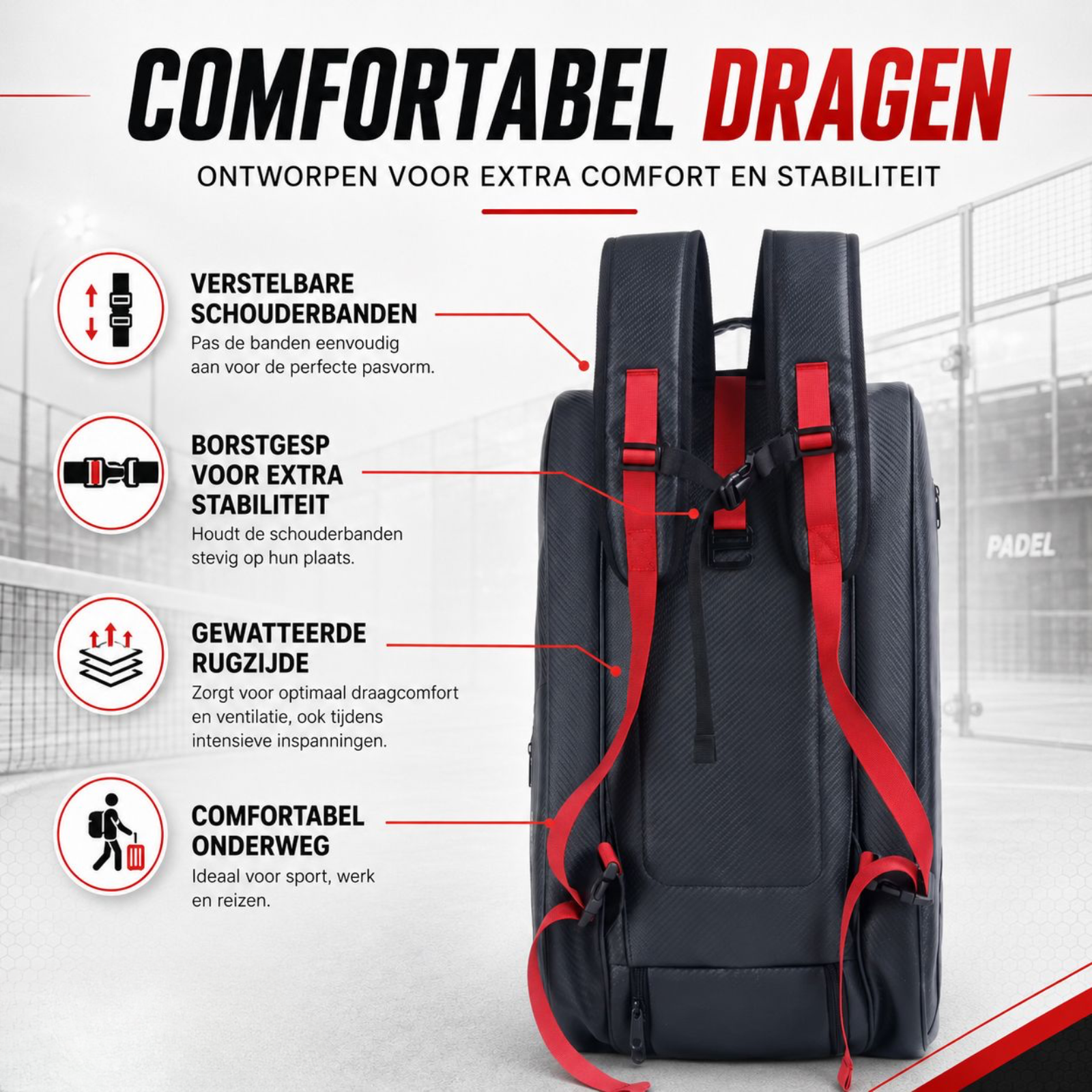 EZRIO SPORTS Padeltas Zwart Rood Pro — 40L | Koelvakken | Waterdicht PU Leer