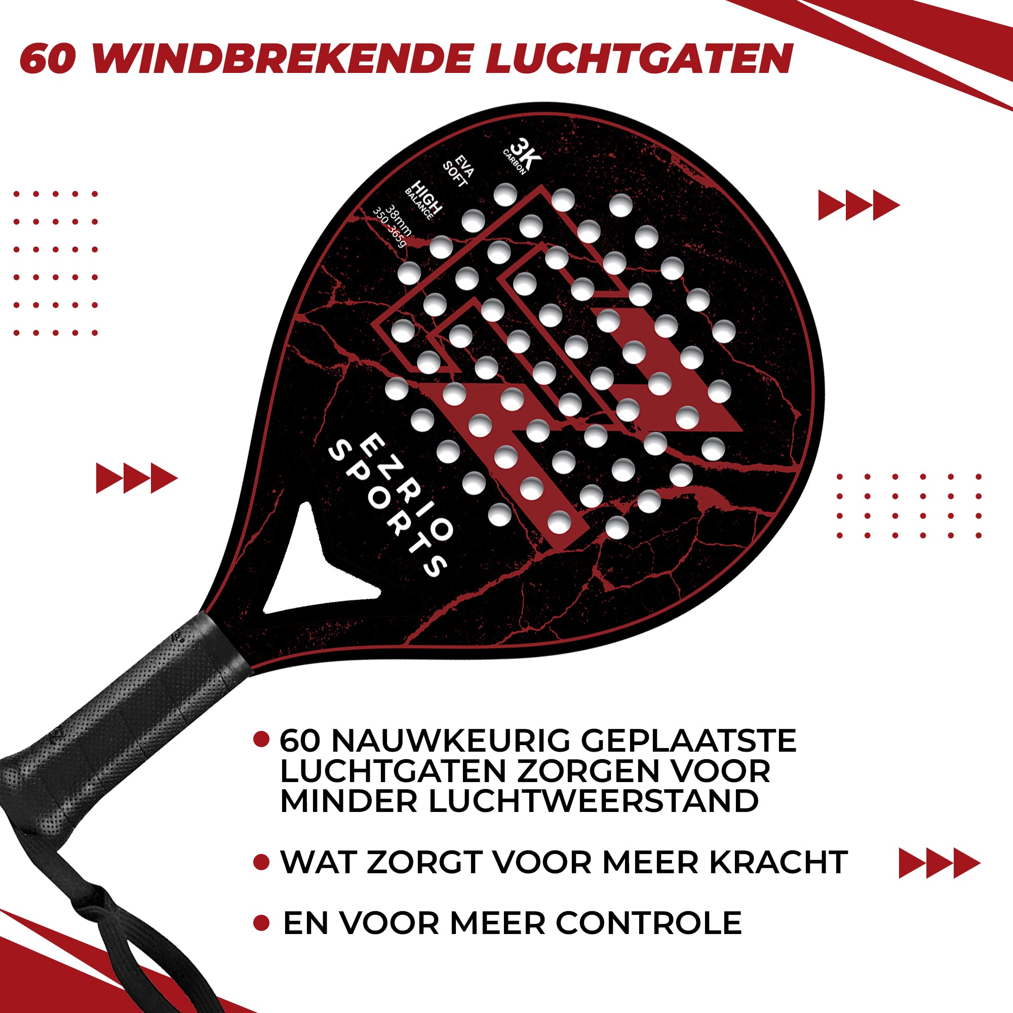 EZRIO SPORTS Padelracket Rond — Zwart Rood — 3K Carbon | Incl. Hoes | Beginner & Gevorderde