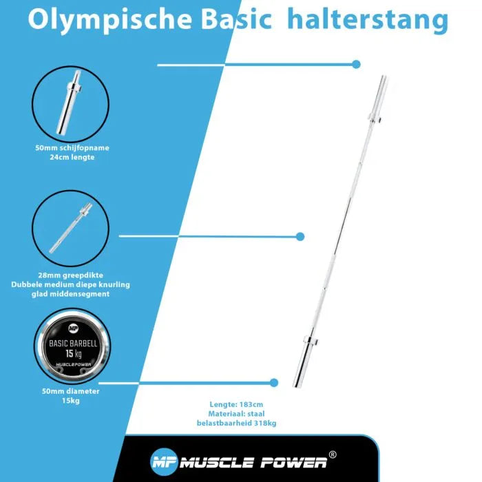 Muscle Power Olympische Halterstang — 183cm | 15kg | 28mm | Chroom