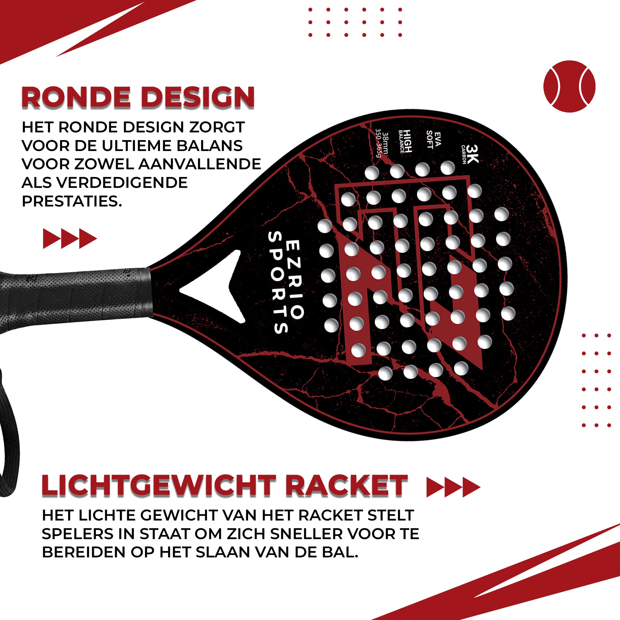 EZRIO SPORTS Padelracket Rond — Zwart Rood — 3K Carbon | Incl. Hoes | Beginner & Gevorderde
