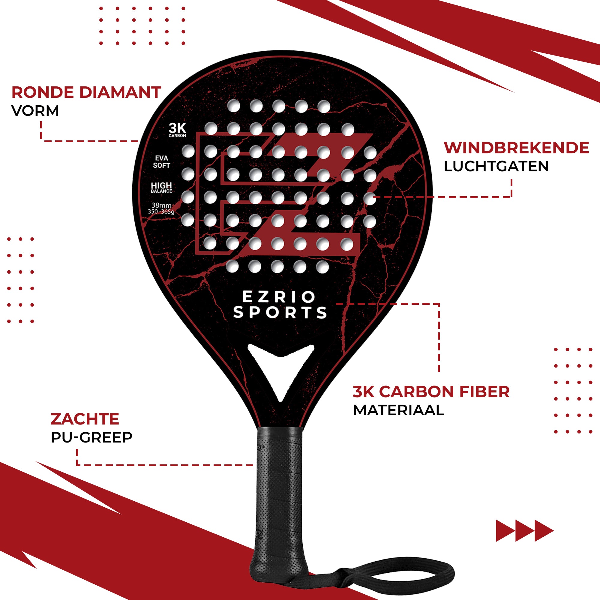 EZRIO SPORTS Padelracket Rond — Zwart Rood — 3K Carbon | Incl. Hoes | Beginner & Gevorderde